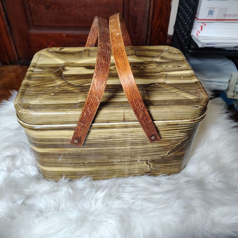 Antique Tin bread box 1950s Farm Cottagecore Wood Grain Colored Picnic Basket